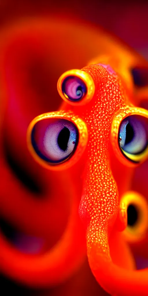 Image similar to fiery whimsical emotional eyes cephalopod, in a photorealistic macro photograph with shallow dof