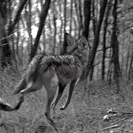 Image similar to black and white trailcam footage of native weird distorted human body Skinwalker transforming into a coyote