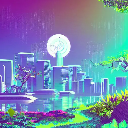 Image similar to beautiful happy picturesque charming futuristic sci - fi city in harmony with nature. water and plants. beautiful light. grainy and rough. interesting colour scheme. beautiful artistic vector graphic design art by lurid. ( 2 0 2 2 )