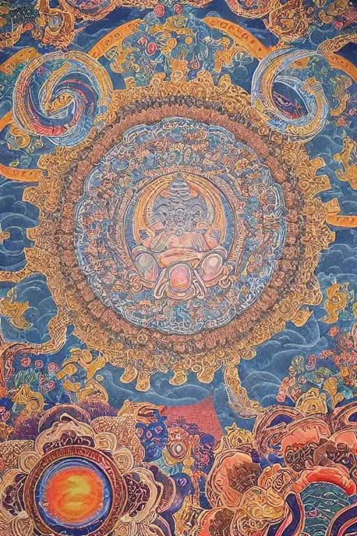 Image similar to an ornate ultradetailed tibetan thangka, A giant lotus mandala, celestial bodies, Post apocalyptic, flying through time, portal into anotheer dimension, giant lotus mandala, intricate tapestry, by yoshitaka amano, hiroshi yoshida, moebius, trending on instagram, 8k, HD, gigapixel, highly detailed, epic, exquisite, great coherency, painted on silk, realistic proportions, Tibetan art, Thangka painting, Buddhist art, Medieval Art, Asian Art, Sacred Geometry, sharpness applied, hyperrealism