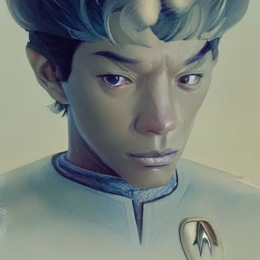 Image similar to star trek starship captain, finely detailed features, closeup at the face, perfect art, gapmoe yandere grimdark, trending on pixiv fanbox, painted by greg rutkowski makoto shinkai takashi takeuchi greg rutkowski, alphonse mucha, akihiko yoshida