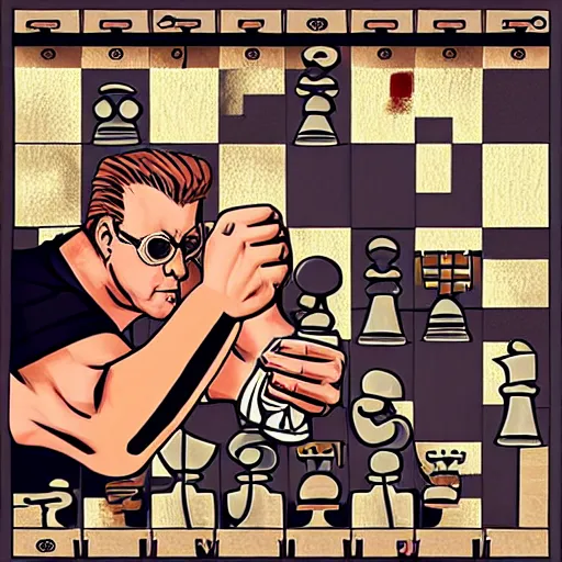 Prompt: Duke Nukem playing chess, Duke Nukem art style