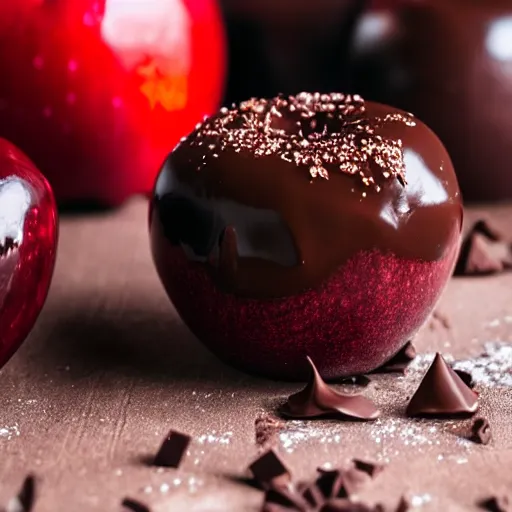 Image similar to photo of beautiful shiny red apple being covered in melted chocolate, 5 0 mm, beautiful photo