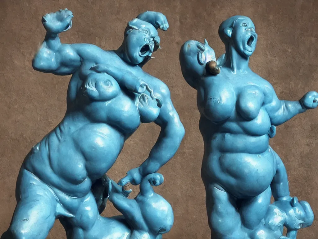 Prompt: beautiful muscular blue genie covered in oil laughing and turning himself into pregnant pig, statue, highly detailed