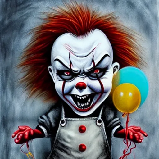 Image similar to grunge cartoon painting of chucky with a wide smile and a red balloon by chris leib, loony toons style, pennywise style, corpse bride style, horror theme, detailed, elegant, intricate