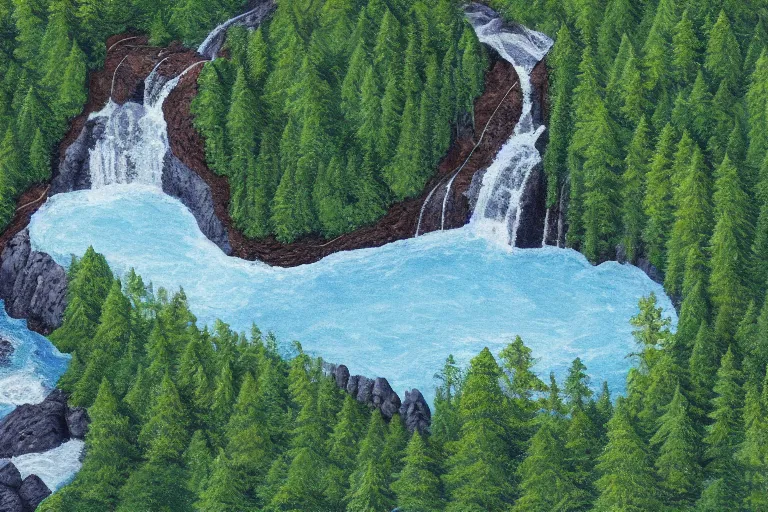 Prompt: isometric top down view of a massive waterfall flowing into a circular pool of water surrounded by densely packed trees, painting by rhad