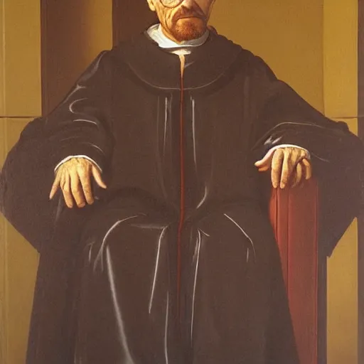 Prompt: Renaissance oil portrait of Walter White as a scholar, high-quality realistic oil painting with detailed strokes, Walter White as a robed Renaissance scholar