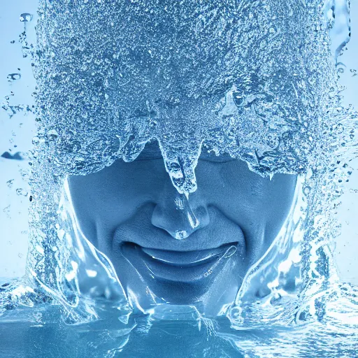 Image similar to a human head made of water, minimalist logo icon, white background, futuristic, glowing, hyper realistic, ray tracing, realistic water splashes, sharp focus, long shot, 8 k resolution