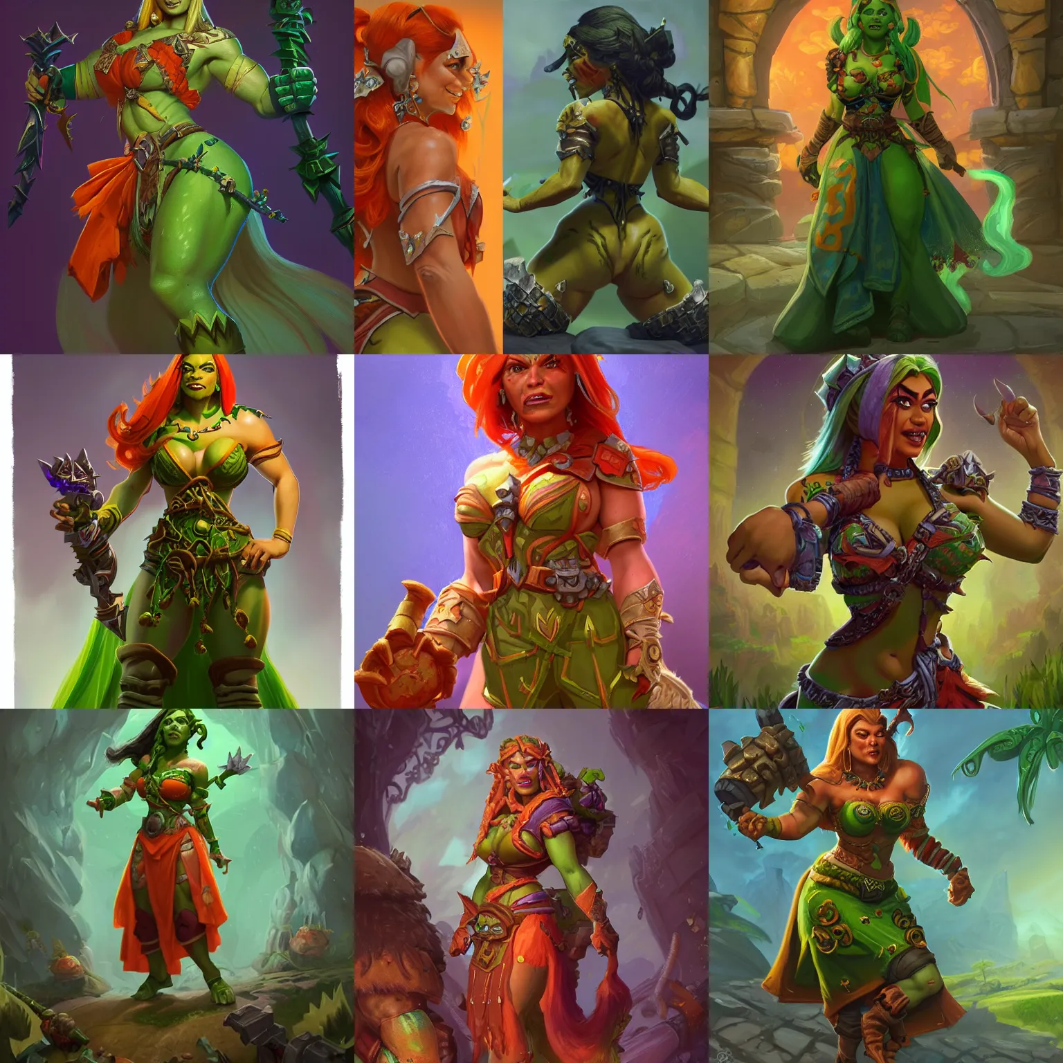 Prompt: muscled green-skinned orc princess wearing an orange summer dress, Warcraft, Hearthstone, intricate, cute, highly detailed, digital painting, artstation, Blizzard concept art, smooth, sharp focus, illustration, Unreal Engine 5, 8K, art by artgerm and greg rutkowski and alphonse mucha