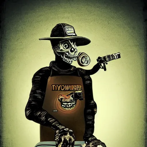 Prompt: creepy terminator smoking a pipe riding a skateboard, digital art, gloomy, action,