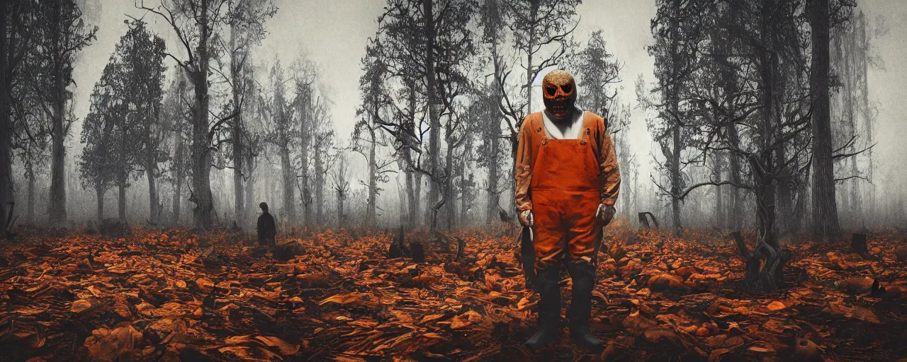 Prompt: a scary man in overalls wearing a pumpkin head standing in a dead forest, fall season, night, dead trees, pumpkins, photorealistic, insanely detailed and intricate, epic, volumetric haze, hyper realistic, elegant, ornate, elite, horror, creepy, ominous, haunting, cinematic lighting, unreal engine, symmetrical, cinematic centered camera, high detail by Zdzislaw Beksinski