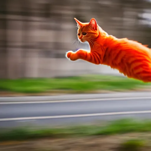 Prompt: a very fast orange cat flying through the road, high definition, beautiful award winning photography, 8 k.