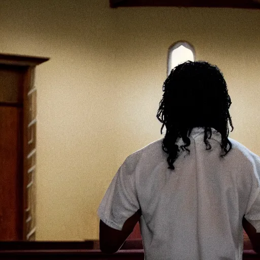 Image similar to cinematic still of Michael Jackson preaching at a Baptist Church in Rural Tennessee, close up, shallow depth of field, directed by Jordan Peele, cinematic