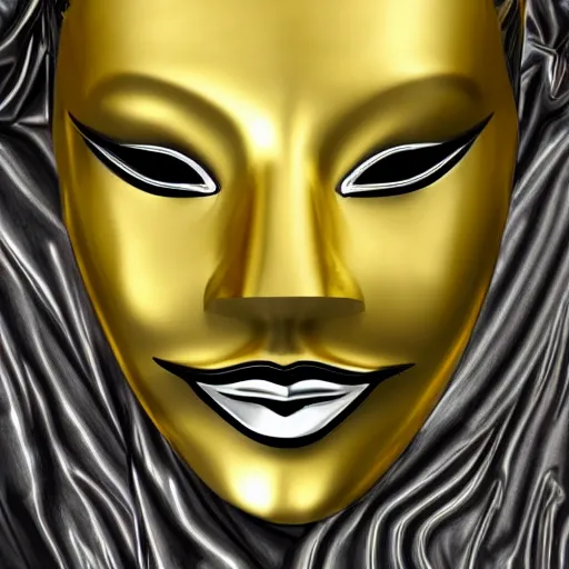 Image similar to a white - and - gold venetian mask emerging from thick black paint, digital art