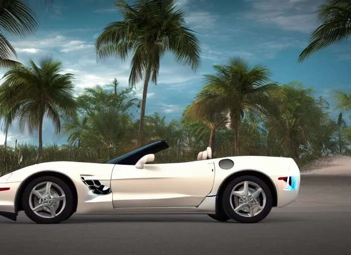 Image similar to hyperrealism, detailed textures, photorealistic 3 d render, a dreamy beach in cuba, a photo realistic 1 9 9 9 corvette stingray with a blazing pearl white colour scheme, mickey thompson tires, centrerline rims, sharp focus, ultra realistic, ultra high pixel detail, cinematic, intricate, cinematic light, concept art, illustration, art station, unreal engine 8 k