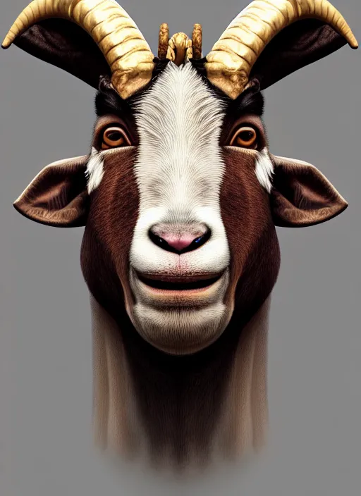 Image similar to anthropomorphic portrait of will smith as a goat, au naturel, hyper detailed, digital art, trending in artstation, cinematic lighting, studio quality, smooth render, unreal engine 5 rendered, octane rendered, art style by klimt and nixeu and ian sprigger and wlop and krenz cushart