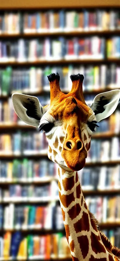 Prompt: giraffe reading book in library side shot, by shunji dodo, 8 k resolution, high quality