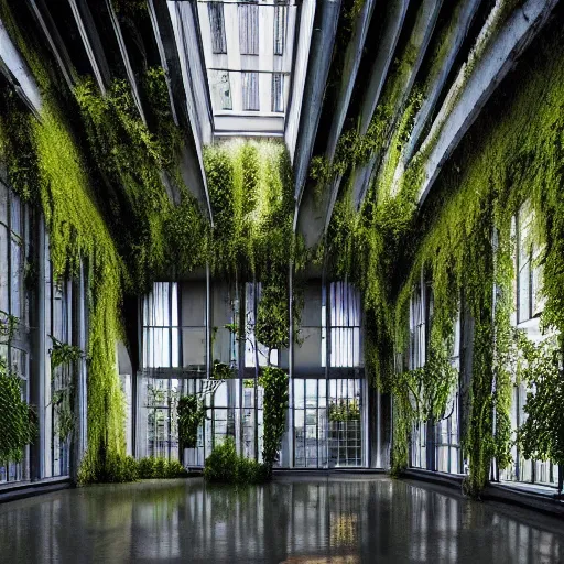Image similar to “derelict architecture housing neighborhood , housing designed by architect Santiago Calatrava, architecture digest, the windows are covered in moss with growing vines, building surrounded in a luxury environment, dark tones, fluorescent lighting,volumetric Lighting, photorealism, high detail, golden ratio, cinematic, octane renderer”