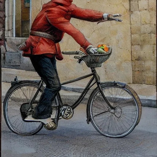 Image similar to a food delivery guy on his bicycle at the streets of Lisbon, art by Stephen Hickman