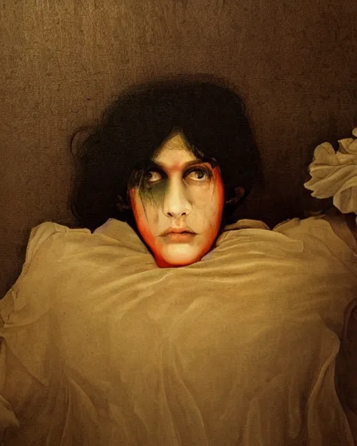 Prompt: a beautiful and eerie baroque painting of a beautiful but creepy young man in layers of fear, with haunted eyes and dark hair, 1 9 7 0 s hotel room, seventies, wallpaper, a little blood, morning light showing injuries, delicate embellishments, painterly, offset printing technique, by brom, robert henri, walter popp