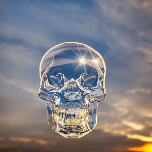 Image similar to high quality photo of crystal transparent skull god rays hitting it,highly reflective, photography 4k, f1.8 anamorphic, bokeh, 4k, Canon, Nikon