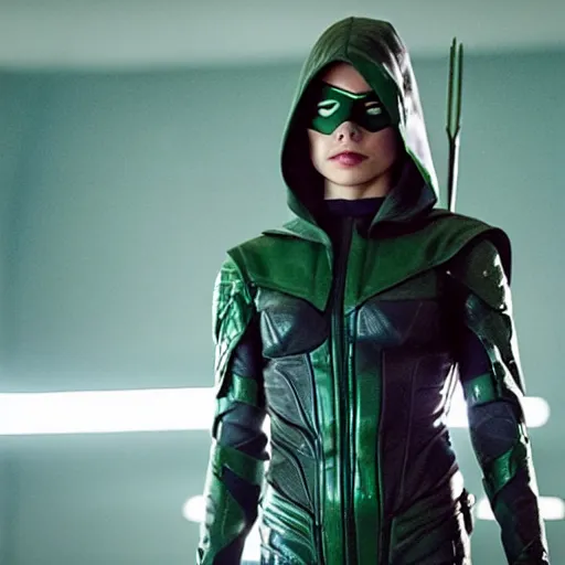 Image similar to film still of willa holland as green arrow in the 2 0 1 7 film justice league, minimal bodycon feminine costume, dramatic cinematic lighting, inspirational tone, suspenseful tone, promotional art