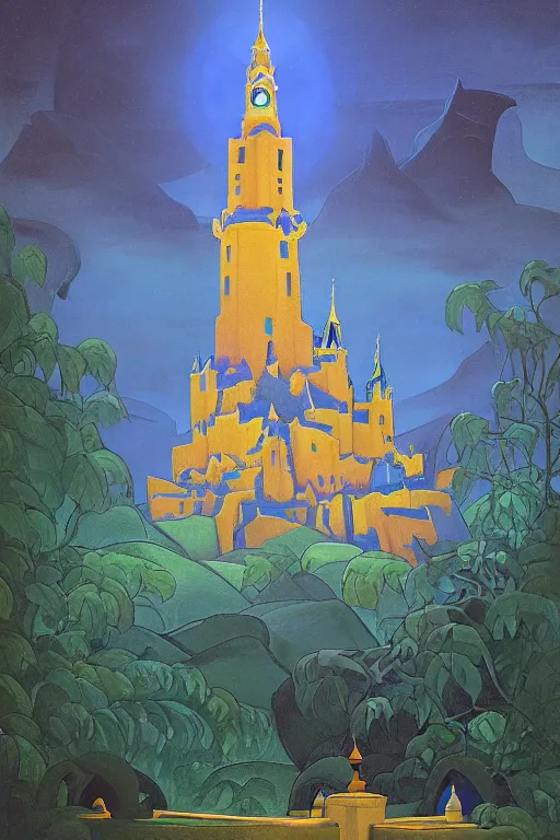 Image similar to view of the mysterious blue tower in its gardens after a storm, tall windows lit up, beautiful ornamental architecture, dramatic cinematic lighting, rich colors, by Nicholas Roerich and William Dyce and April Gornik and Sylvain Sarrailh and Ludwig Deutsch and Diego Rivera, fairytale illustration, featured on artstation