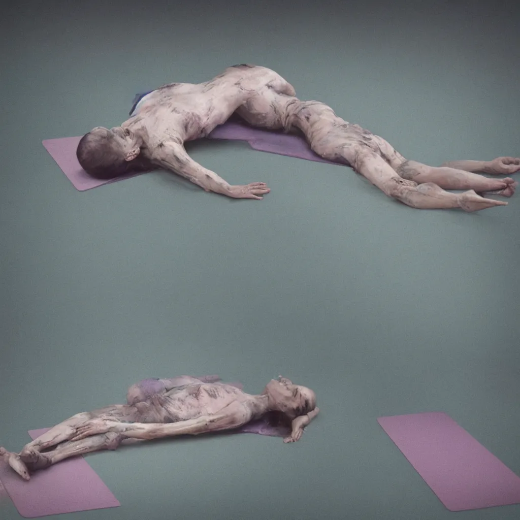 Image similar to cinestill of iridiscent oil with corpses connected by ethernet cables to wax technical forms to a buried baby relaxing on yoga mat, faded, iridiscent gradient, fog, depth of field, blur, very detailed, by nadav kander and hans bellmer, 8 k, ultrarealistic, sad atmosphere, cinematic, 8 5 mm lens