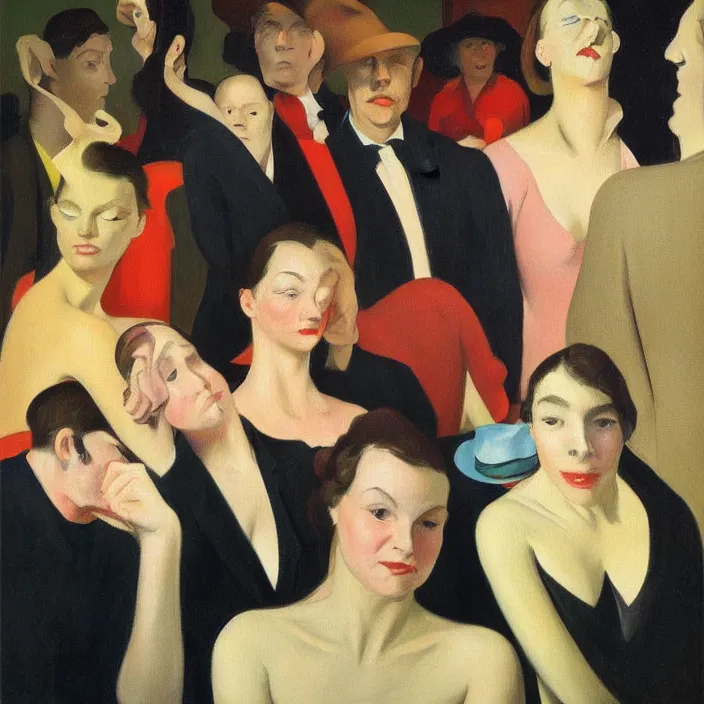 Image similar to group of people pictured in afternoon light, mostly women, close - up of the faces, anatomically and proportionally correct : : surrealist oil painting by edward hopper, malcolm liepke, francis bacon and rene magritte, detailed