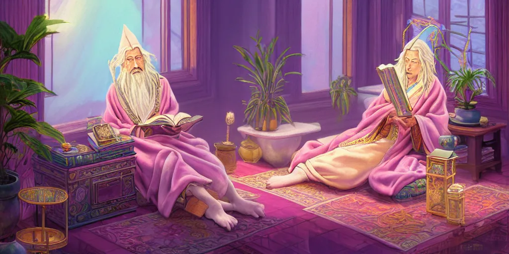 Prompt: a pastel painting of a wizard, ornate robes, lounging on a purpur pillow on the marbled checkered floor in her study room reading an ancient tome. to the side is a potted plant, moody candlelit raytracing. ancient oriental retrofuturistic fantasy setting. 4 k key art. by yoshitaka amano and mark tedin