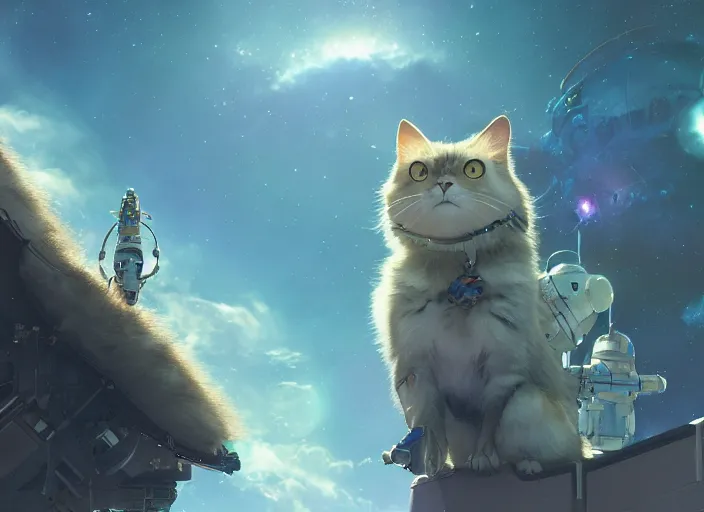 Image similar to a space cat staring role in a musical sci - fi space opera ghibli animated film, volumetric lighting, octane render by stanley artgerm lau, greg rutkowski, thomas kindkade, alphonse mucha, loish, norman rockwel,