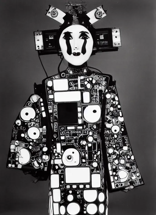 Prompt: Portrait of a punk goth fashion fractal mecha girl with a television head wearing kimono made of circuits and leds, surreal photography by Man Ray