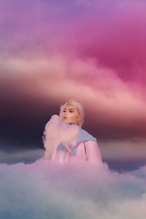 Image similar to high quality pastel coloured film close up wide angle photograph of a model wearing clothing resting on cloud furniture in a icelandic black rock!! environment in a partially haze filled dreamstate world. three point light, rainbow. photographic production. art directed. pastel colours. volumetric clouds. pastel gradient overlay. waves glitch artefacts. extreme facial clarity. 8 k. filmic.