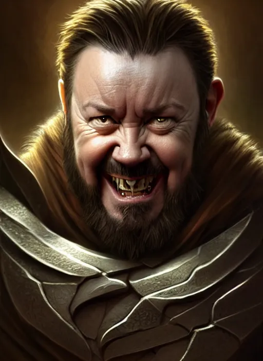 Prompt: portrait of ricky gervais as an orc, d & d, muscular! fantasy, intricate, elegant, highly detailed, digital painting, artstation, concept art, smooth, sharp focus, illustration, art by artgerm and greg rutkowski and alphonse mucha
