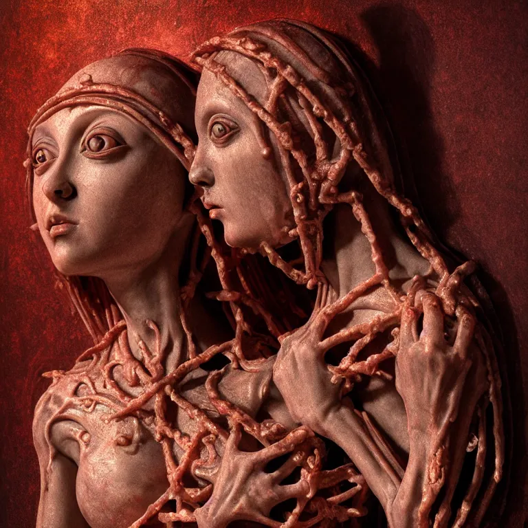 Prompt: dark biomechanical ribbed religious sculpture statue of Madonna and Jesus made of rotten flesh meat, suffering, pastel colorful mold, baroque painting, beautiful detailed intricate insanely detailed octane render, organic 8K artistic photography, photorealistic, chiaroscuro, Raphael, Caravaggio, Giger, Beksinski, black background