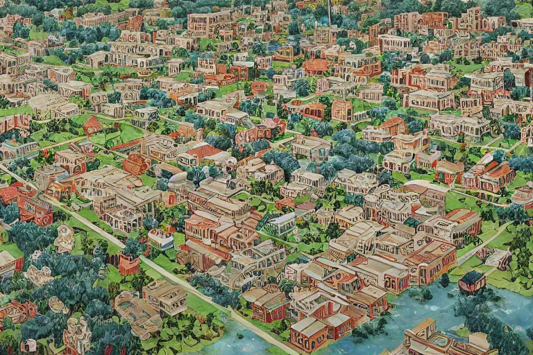 Image similar to an elaborate and dense painting of a future neighborhood, made of alcohol ink on parchment, by wes anderson and geoff darrow