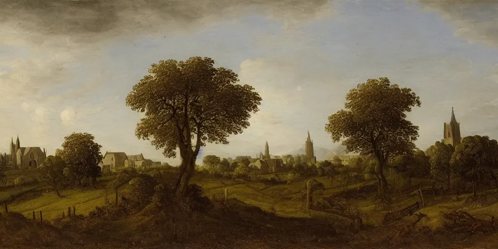 Image similar to a beautiful landscape painting of a giant tree next to a church in the fields, by jan van goyen, oil on canvas, highly detailed, hd, 4 k