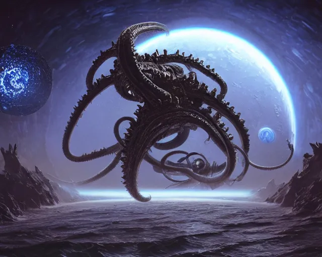 Image similar to a giant cosmic space kraken attacking an orbital space station, hyper realistic, volumetric lighting, intricately detailed, cosmic horror, Art station, Epic scale, art by Greg Rutkowski, art by Ruth Asawa, art by Ted Nasmith, art by H.R. Giger, Octane render, Unreal Engine 3D