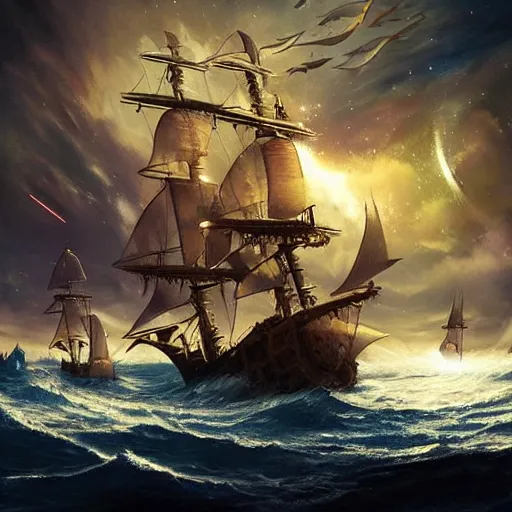 Prompt: pirate ship sailing through space with galaxies in the distance battling ufo, trending on artstation, ultra fine detailed, hyper detailed, hd, concept art, digital painting