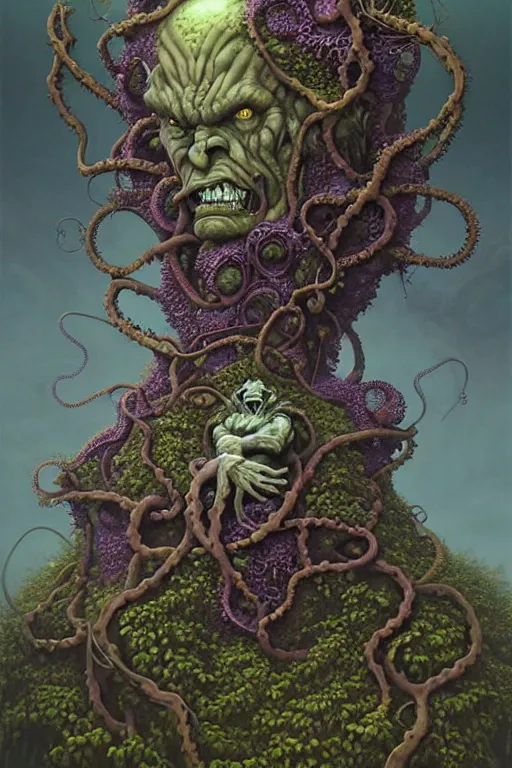 Image similar to On a domed structure made of tentacled rock vines, there is an orc fused and blended with the vines, a purple crystal pulsing in his chest, orc on vines, orc fused with vines, orc merged with vines, Peter Mohrbacher, Beksiński and Jeff Easley, artwork by Peter Mohrbacher, Zdzisław Beksiński and Jeff Easley