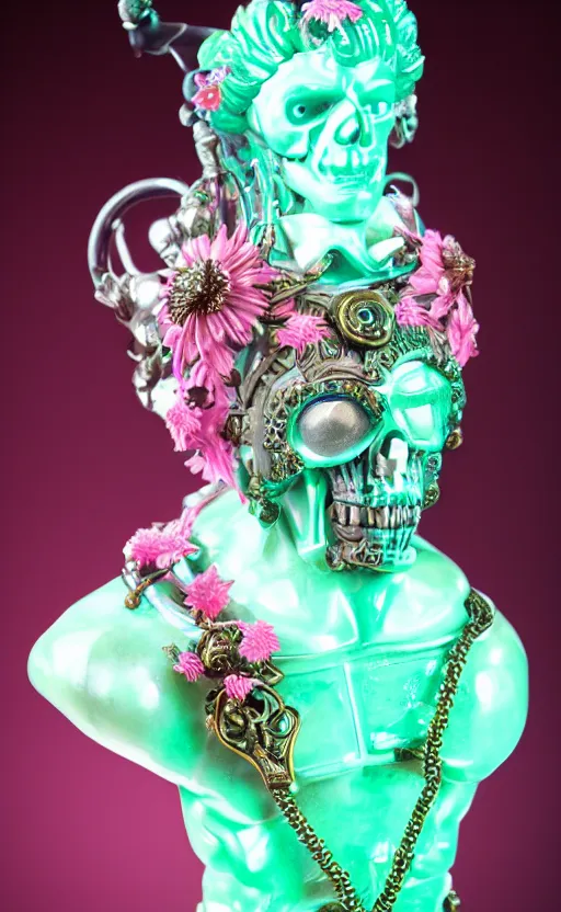 Prompt: a young handsome latino ceramic and pink iron-plated android prince with a large glowing mint crystal in the center of his chest, full-body bronze cyberpunk style statue of Andromeda with glowing green laser eyes, crown of mechanical chrysanthemums, flowing aqua silk, fabric, steampunk flowers. baroque elements, human skull. full-length view. baroque element. intricate artwork by caravaggio. many flying horses on background. Trending on artstation, octane render, cinematic lighting from the right, hyper realism, octane render, 8k, depth of field, 3D