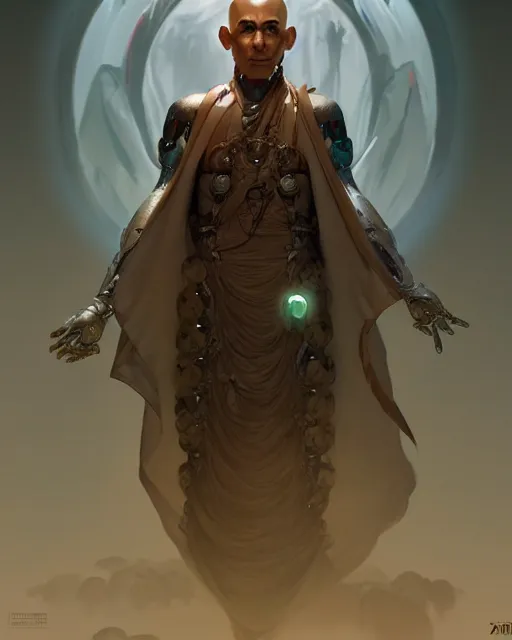 Image similar to a cyborg warrior monk wearing a flowing cloak, cyborg hardware, 3 d render, octane, zbrush, painting, artstation, concept art, smooth, sharp focus, illustration, art by artgerm and greg rutkowski and alphonse mucha