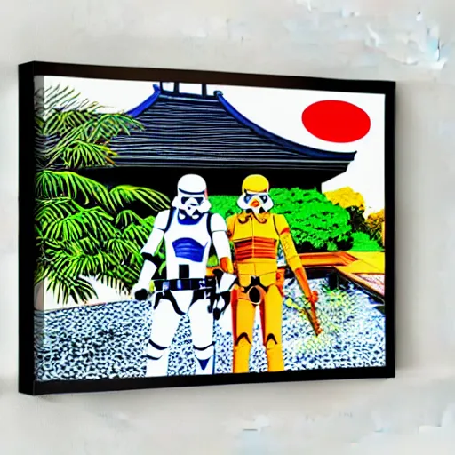 Prompt: hyperrealism composition of the japanese house with a hot springs in the garden, two detailed stormtroopers bathe in a hot spring, pop - art style, jacky tsai style, andy warhol style, roy lichtenstein style, round canvas, acrylic on canvas