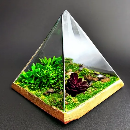 a pyramid of glass terrarium cube with fern, moss and Stable