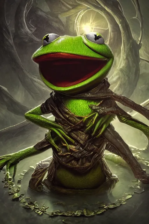 Prompt: an ultra detailed 3 d render of kermit the frog as an elden ring boss, epic anime fantasy, 8 k, in the style of a fantasy metal album cover and magic the gathering, volumetric lighting, smooth, highly detailed, digital illustration, octane render, art by albert bierstadt and greg rutkowsi, artstation