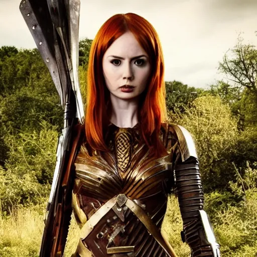 Prompt: full body photo of karen gillan as an amazon warrior with weapons