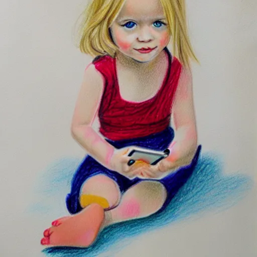 Image similar to 3 year old blonde girl with iphone, colored pencil on white background by eloise wilkin