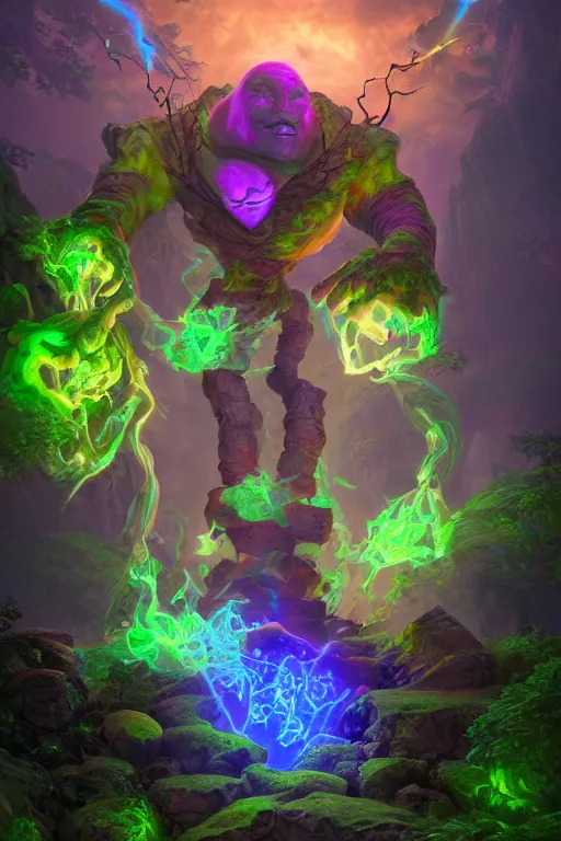 Image similar to arcane fantasy art giant golem elemental wood rock bastion forged gemstone enchanted forest troll, global illumination ray tracing hdr fanart arstation by sung choi and eric pfeiffer and gabriel garza and casper konefal lisa frank zbrush central hardmesh radiating a glowing aura