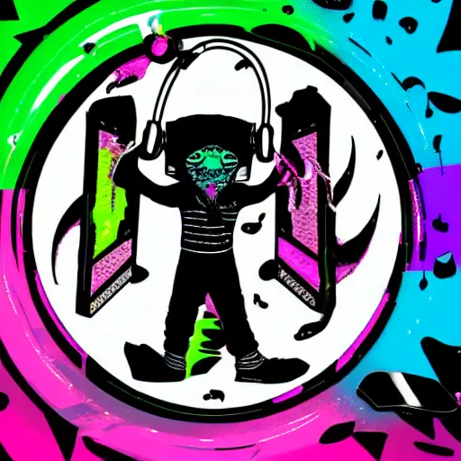 Image similar to svg sticker of a Pop-Wonder Alien-Bog-Monster-Swamp-Rat-Thunder-Coot-Racing-Fan at a rave, spinning records, giant headphones rocking out, wearing headphones, huge speakers, dancing, rave, DJ, spinning records, digital art, amazing composition, rule-of-thirds, award-winning, trending on artstation, featured on deviantart