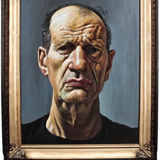 Image similar to Oil painting Portrait of a sad Man, by Lucian Freud, Abstract brush strokes, Masterpiece